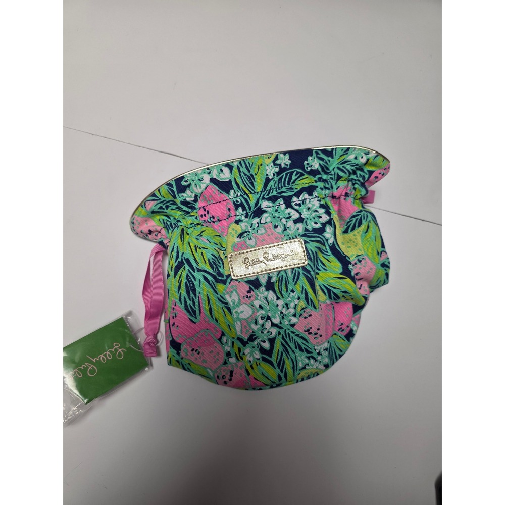 Lilly Pulitzer Pink Green Tropical Fruit Floral Drawstring Jewelry Pouch NWT